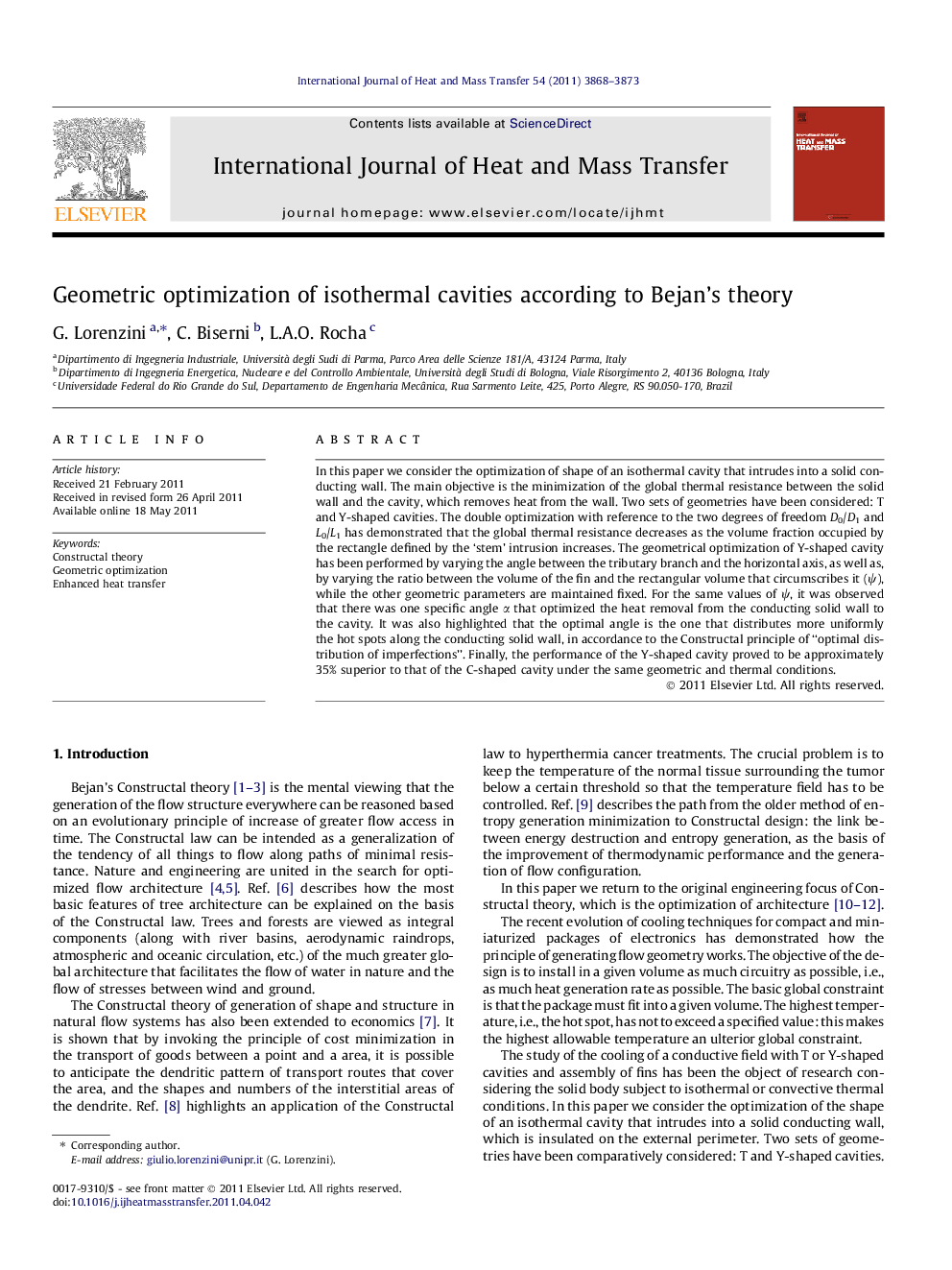 Geometric optimization of isothermal cavities according to Bejan’s theory