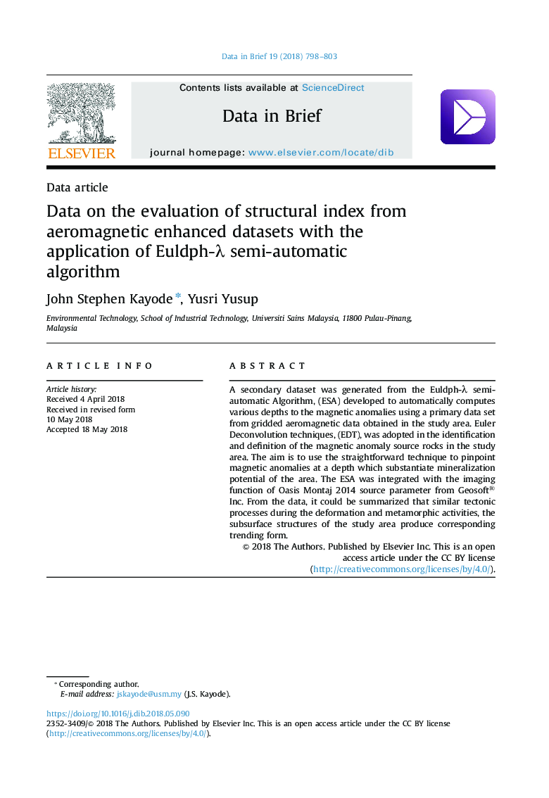 Data on the evaluation of structural index from aeromagnetic enhanced datasets with the application of Euldph-Î» semi-automatic algorithm