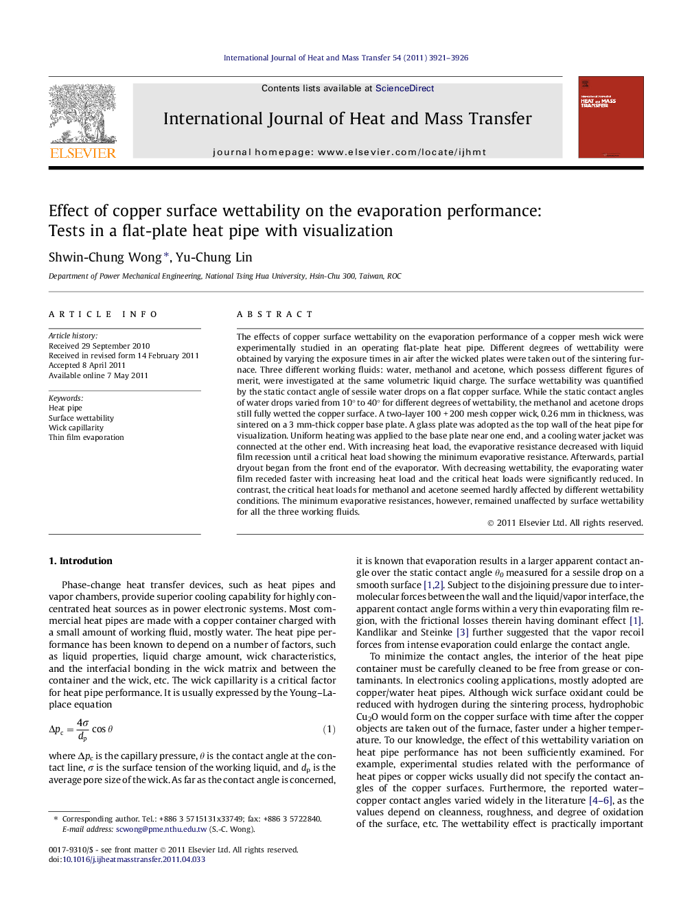 Effect of copper surface wettability on the evaporation performance: Tests in a flat-plate heat pipe with visualization