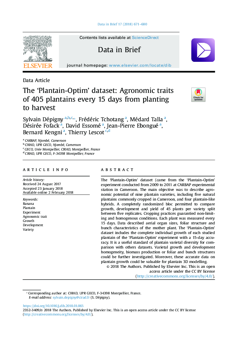 The 'Plantain-Optim' dataset: Agronomic traits of 405 plantains every 15 days from planting to harvest