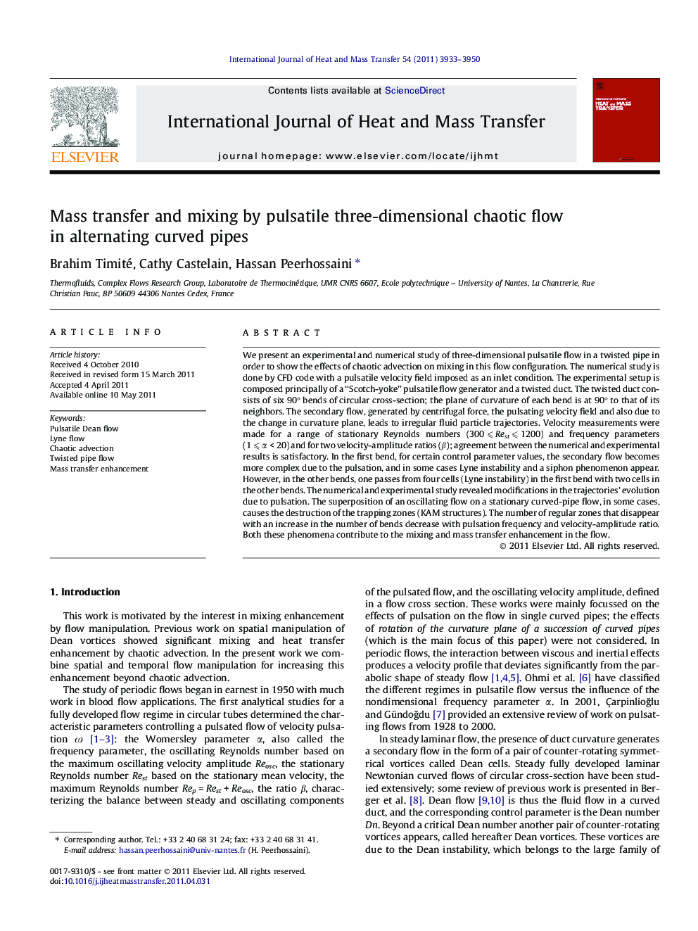 Mass transfer and mixing by pulsatile three-dimensional chaotic flow in alternating curved pipes