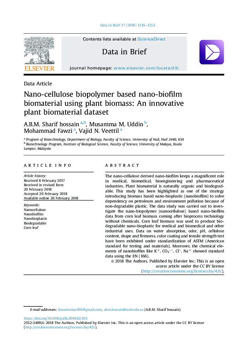 Nano-cellulose biopolymer based nano-biofilm biomaterial using plant biomass: An innovative plant biomaterial dataset