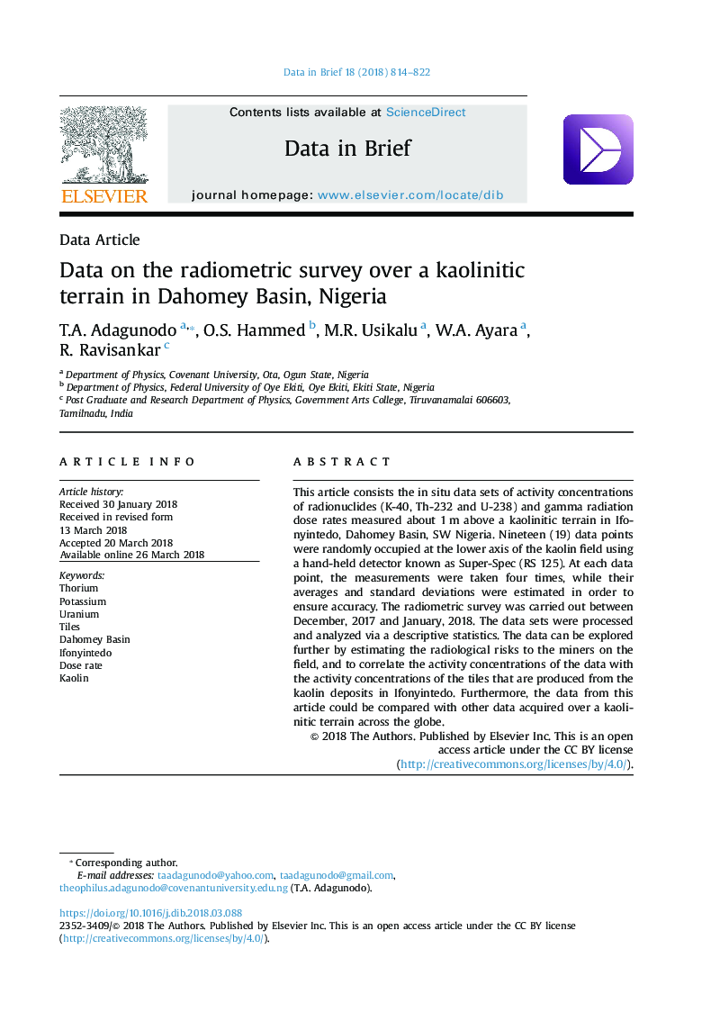 Data on the radiometric survey over a kaolinitic terrain in Dahomey Basin, Nigeria