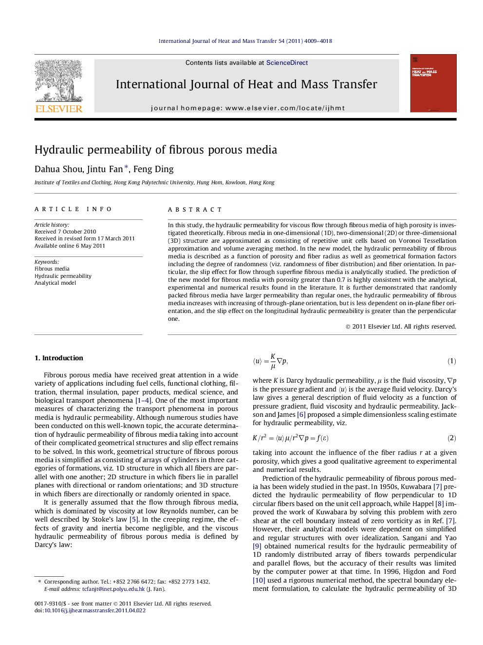 Hydraulic permeability of fibrous porous media