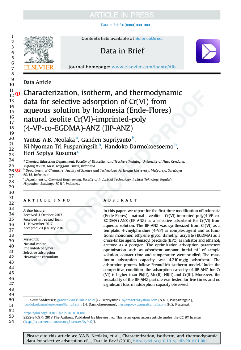 Characterization, isotherm, and thermodynamic data for selective adsorption of Cr(VI) from aqueous solution by Indonesia (Ende-Flores) natural zeolite Cr(VI)-imprinted-poly(4-VP-co-EGDMA)-ANZ (IIP-ANZ)