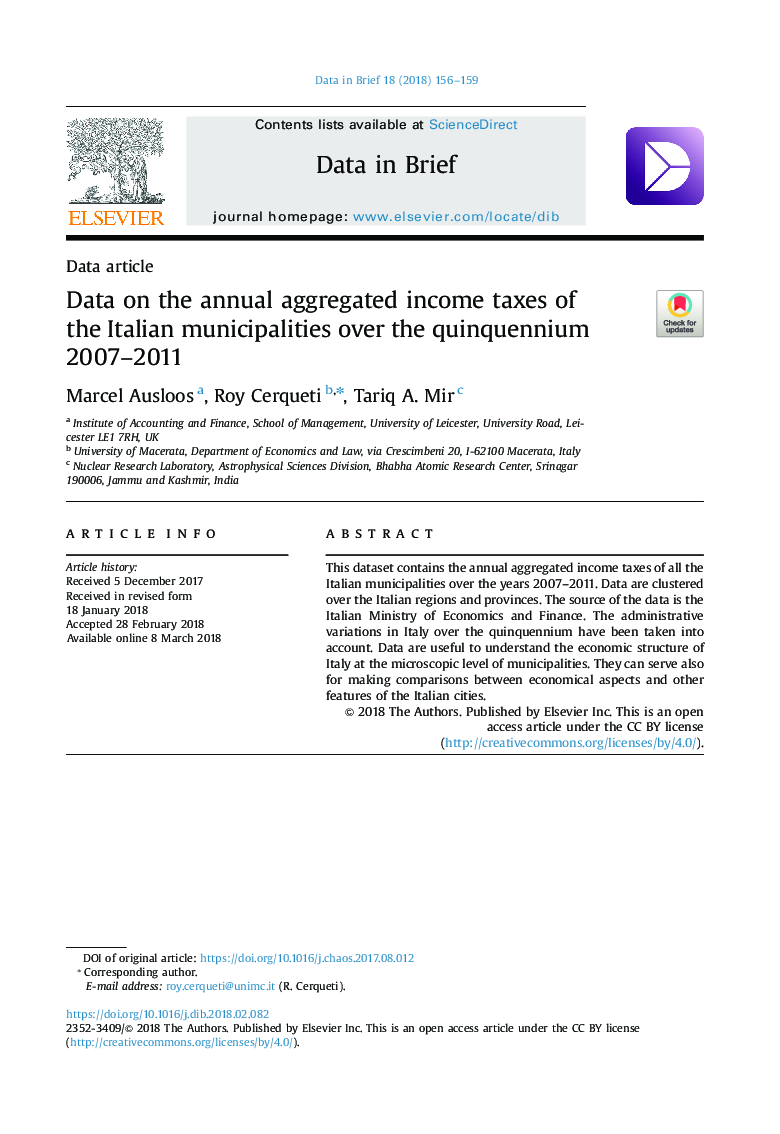 Data on the annual aggregated income taxes of the Italian municipalities over the quinquennium 2007-2011