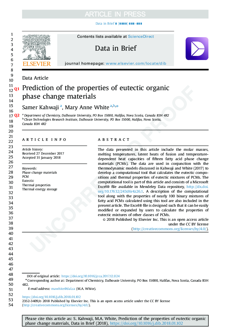 Data supporting the prediction of the properties of eutectic organic phase change materials
