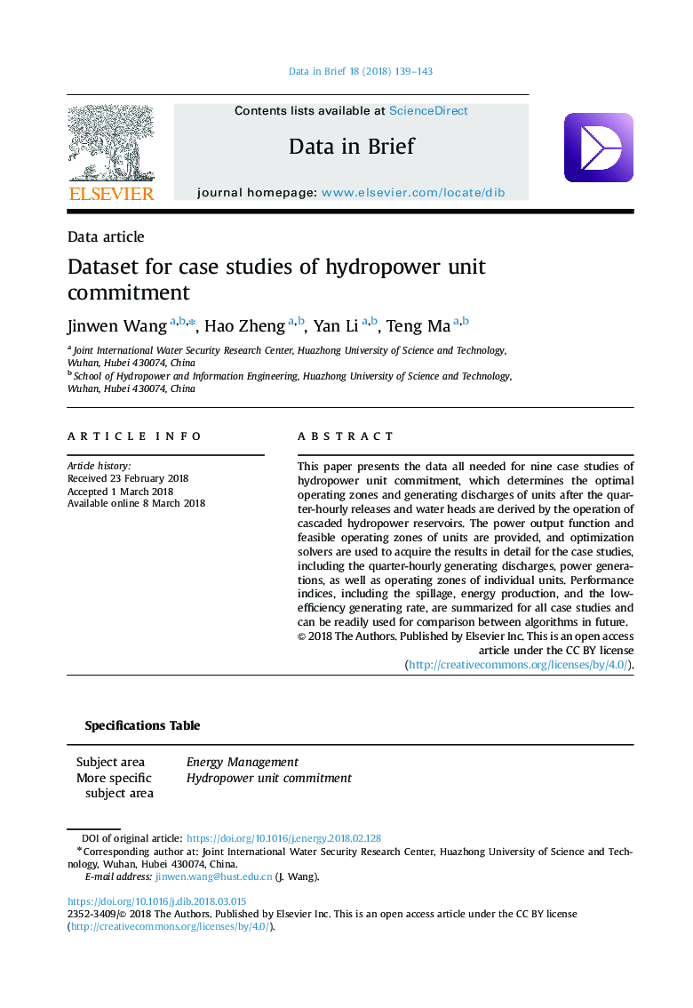 Dataset for case studies of hydropower unit commitment