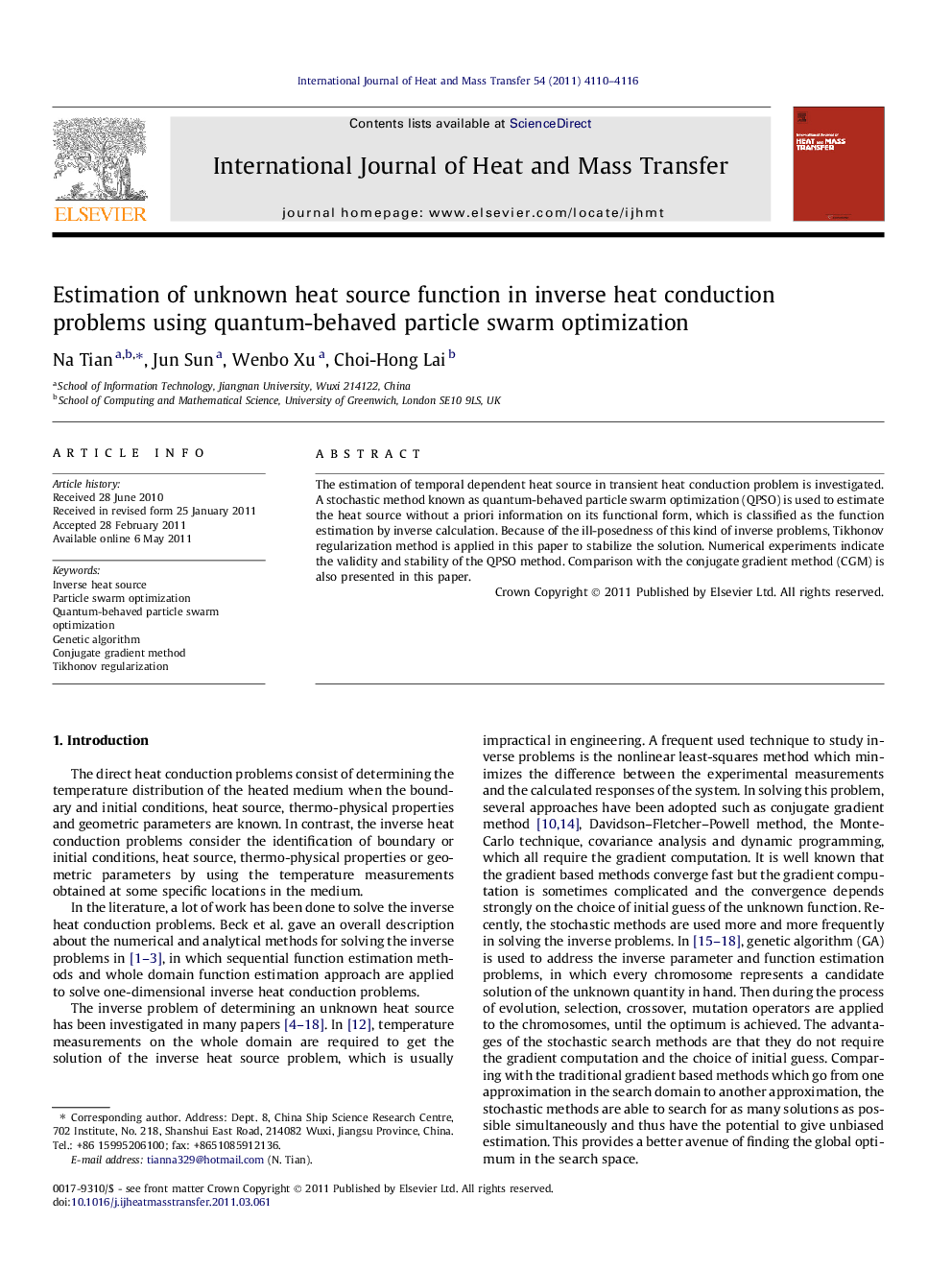 Estimation of unknown heat source function in inverse heat conduction problems using quantum-behaved particle swarm optimization