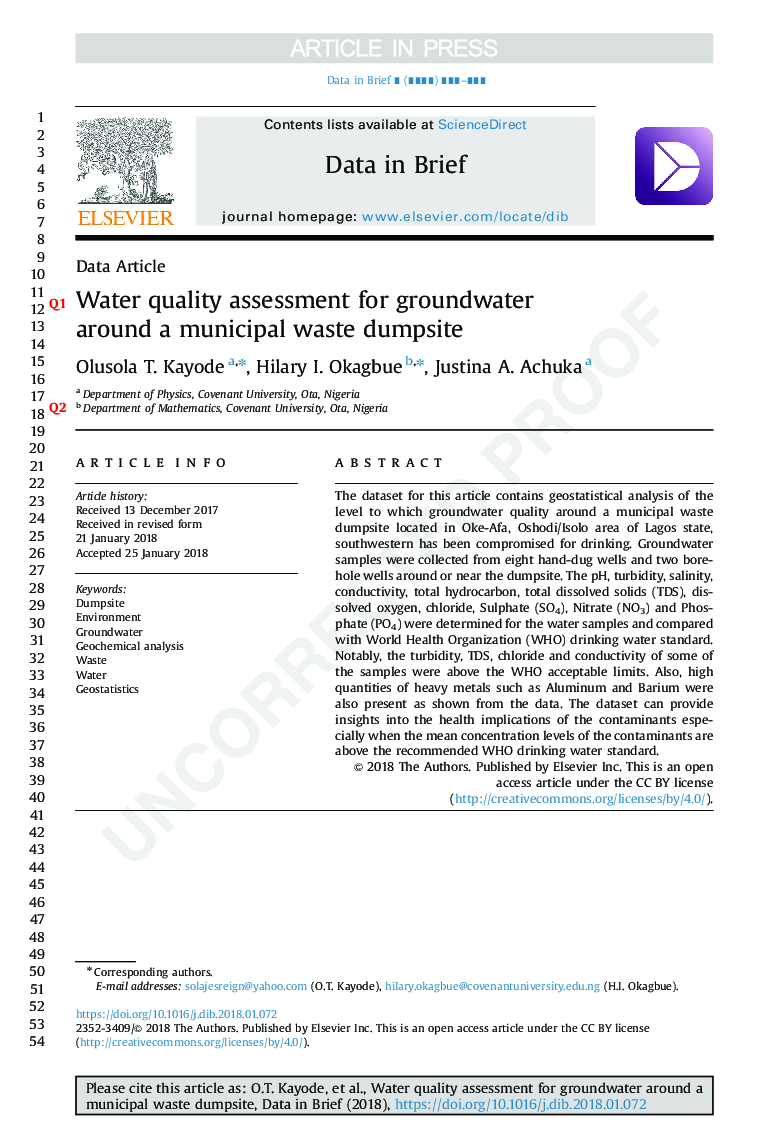 Water quality assessment for groundwater around a municipal waste dumpsite