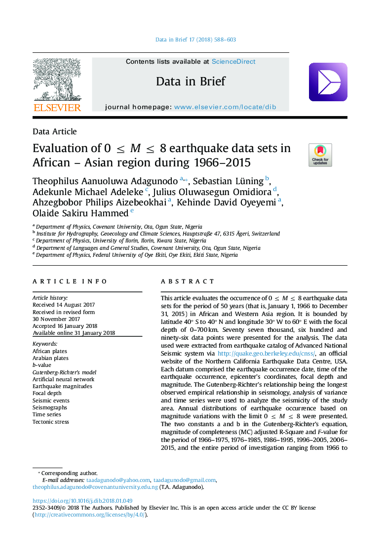 Evaluation of 0 â¤ M â¤ 8 earthquake data sets in African - Asian region during 1966-2015