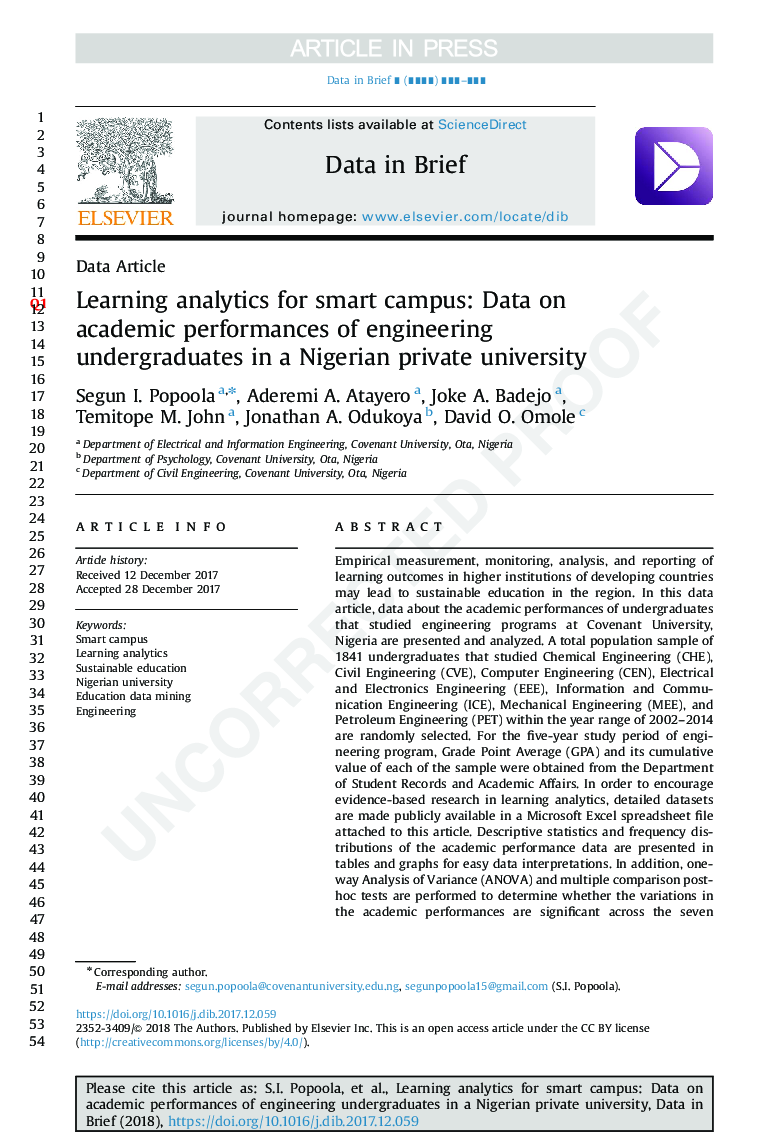 Learning analytics for smart campus: Data on academic performances of engineering undergraduates in Nigerian private university