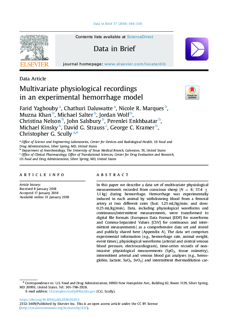 Multivariate physiological recordings in an experimental hemorrhage model