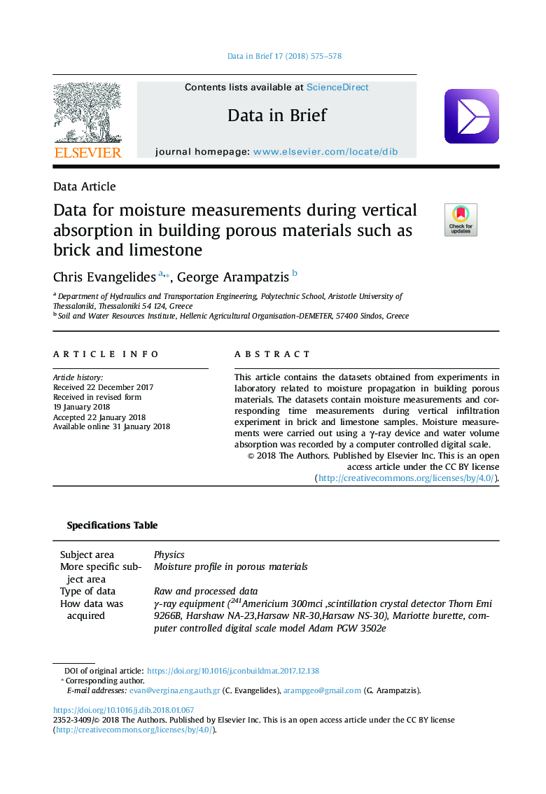 Data for moisture measurements during vertical absorption in building porous materials such as brick and limestone