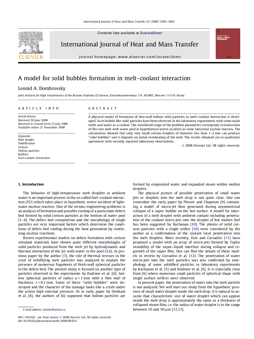 A model for solid bubbles formation in melt–coolant interaction