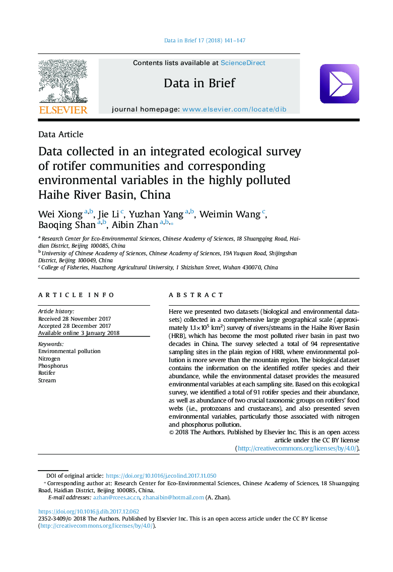 داده های جمع آوری شده در یک بررسی اکتشافی یکپارچه از جوامع روتیفر و متغیرهای محیطی مربوطه در حوضه رودخانه هائه، چین 