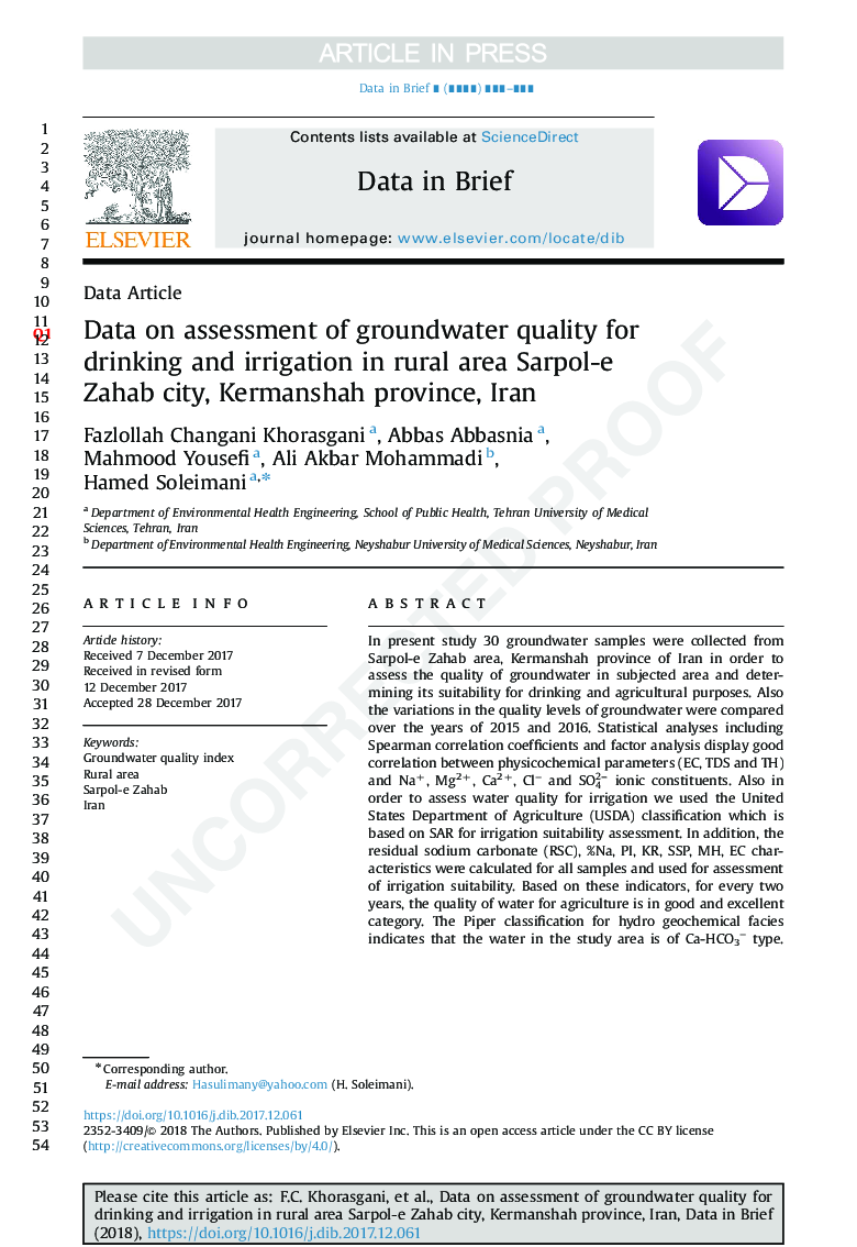Data on assessment of groundwater quality for drinking and irrigation in rural area Sarpol-e Zahab city, Kermanshah province, Iran