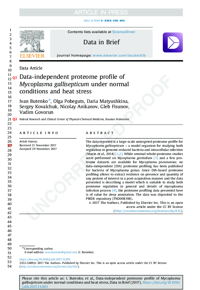 Data-independent proteome profile of Mycoplasma gallisepticum under normal conditions and heat stress