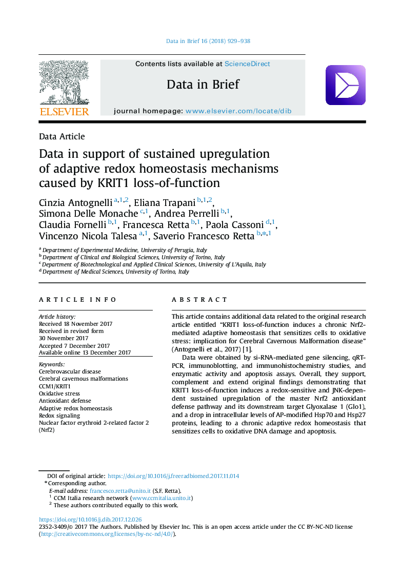 Data in support of sustained upregulation of adaptive redox homeostasis mechanisms caused by KRIT1 loss-of-function