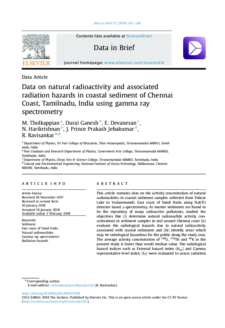 Data on natural radioactivity and associated radiation hazards in coastal sediment of Chennai Coast, Tamilnadu, India using gamma ray spectrometry