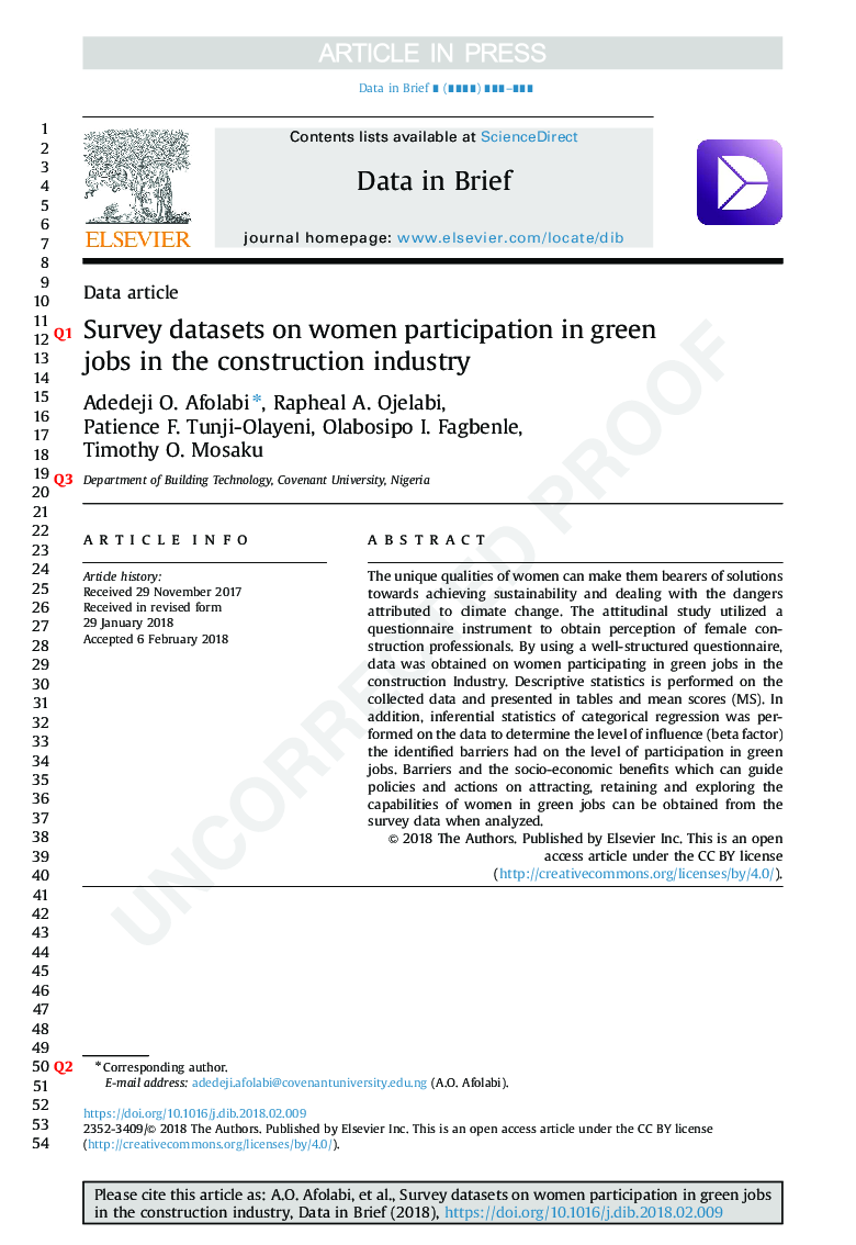 Survey datasets on women participation in green jobs in the construction industry
