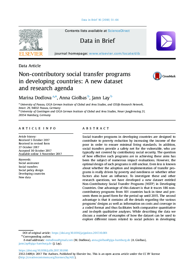 برنامه های انتقال غیر اجتماعی در کشورهای در حال توسعه: یک مجموعه داده جدید و برنامه تحقیقاتی 