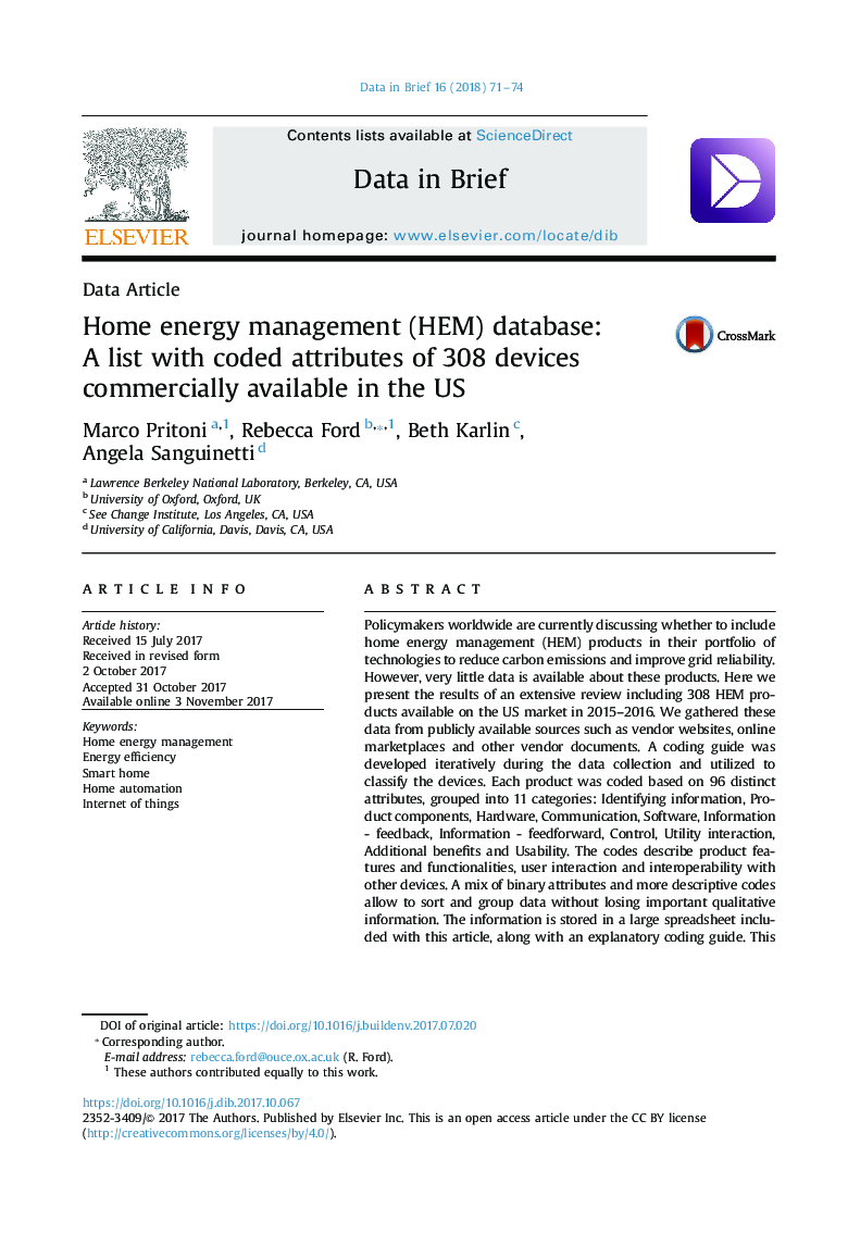 Home energy management (HEM) database: A list with coded attributes of 308 devices commercially available in the US