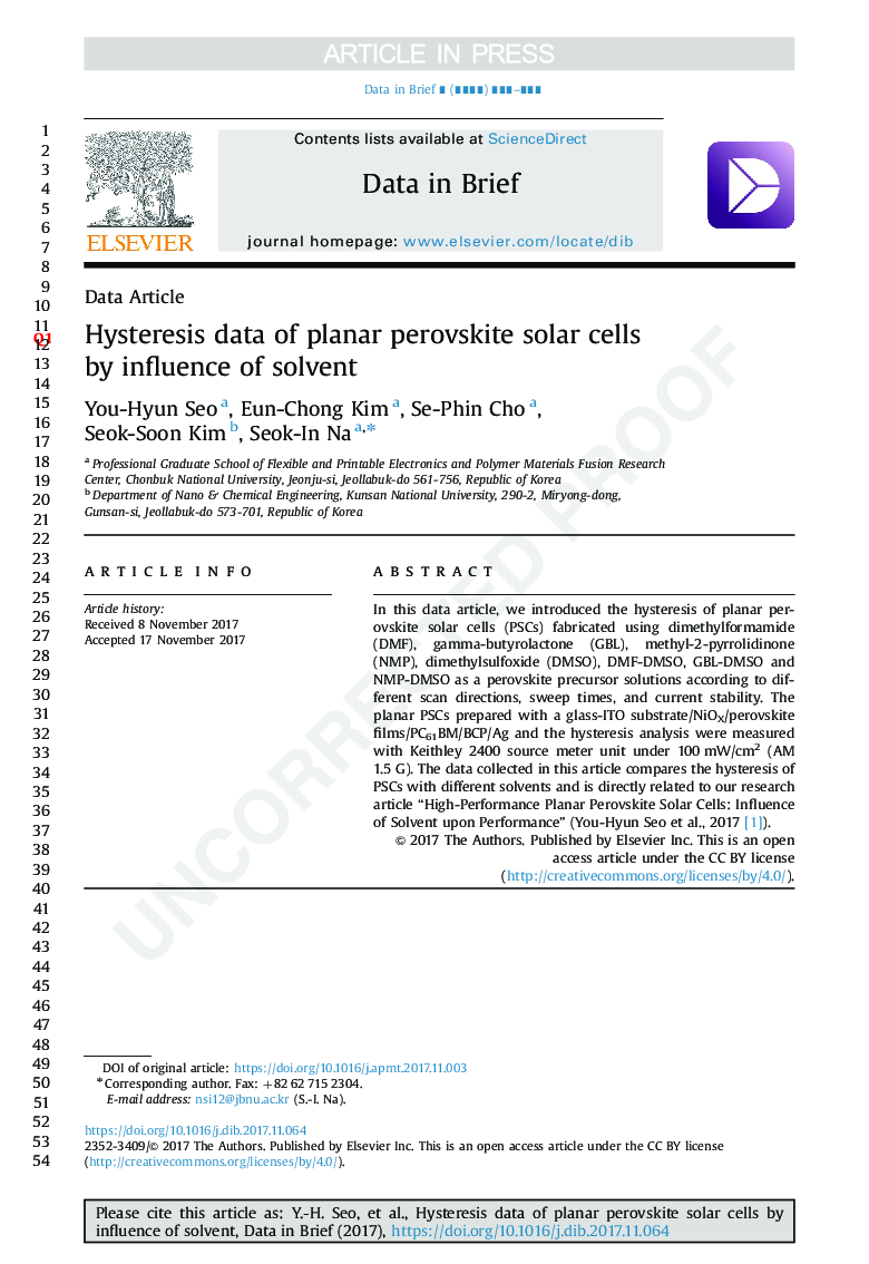 Hysteresis data of planar perovskite solar cells fabricated with different solvents