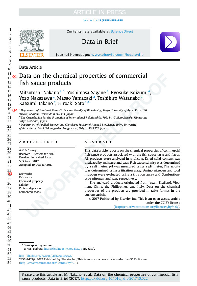 Data on the chemical properties of commercial fish sauce products