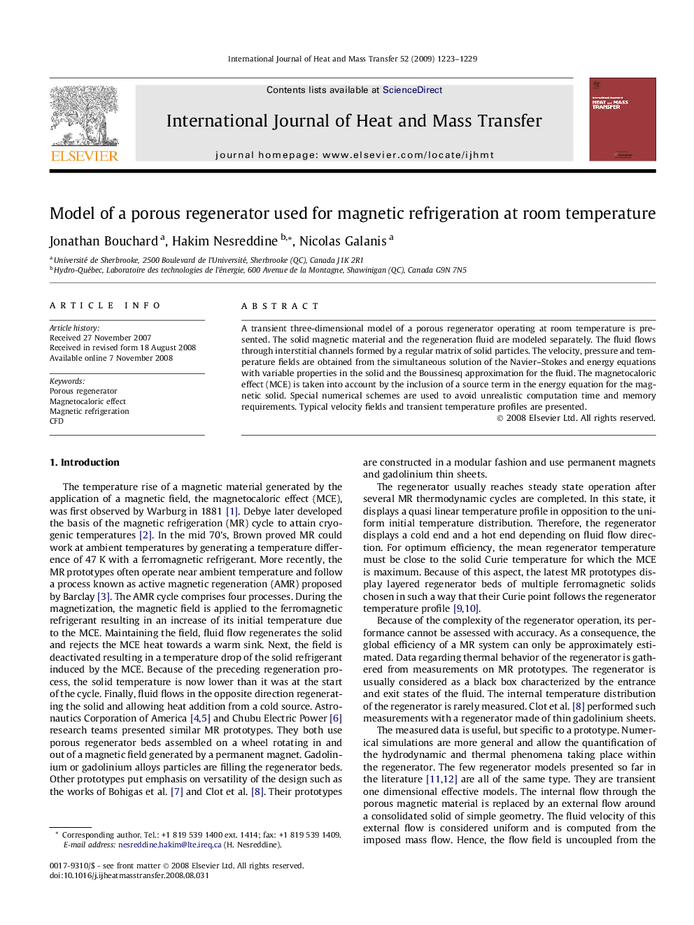 Model of a porous regenerator used for magnetic refrigeration at room temperature