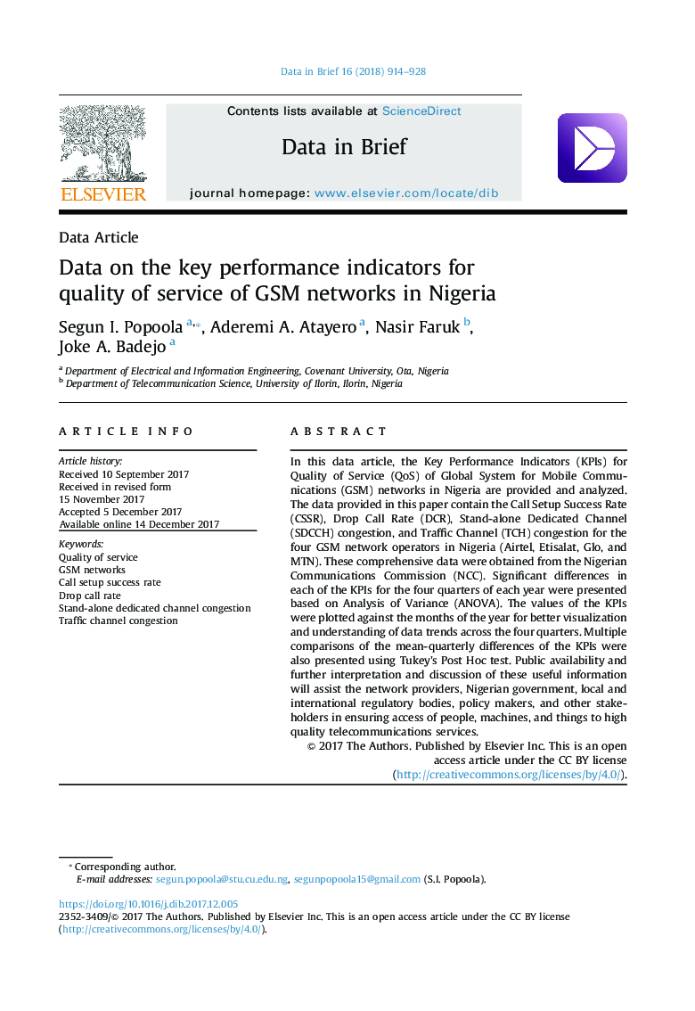 Data on the key performance indicators for quality of service of GSM networks in Nigeria