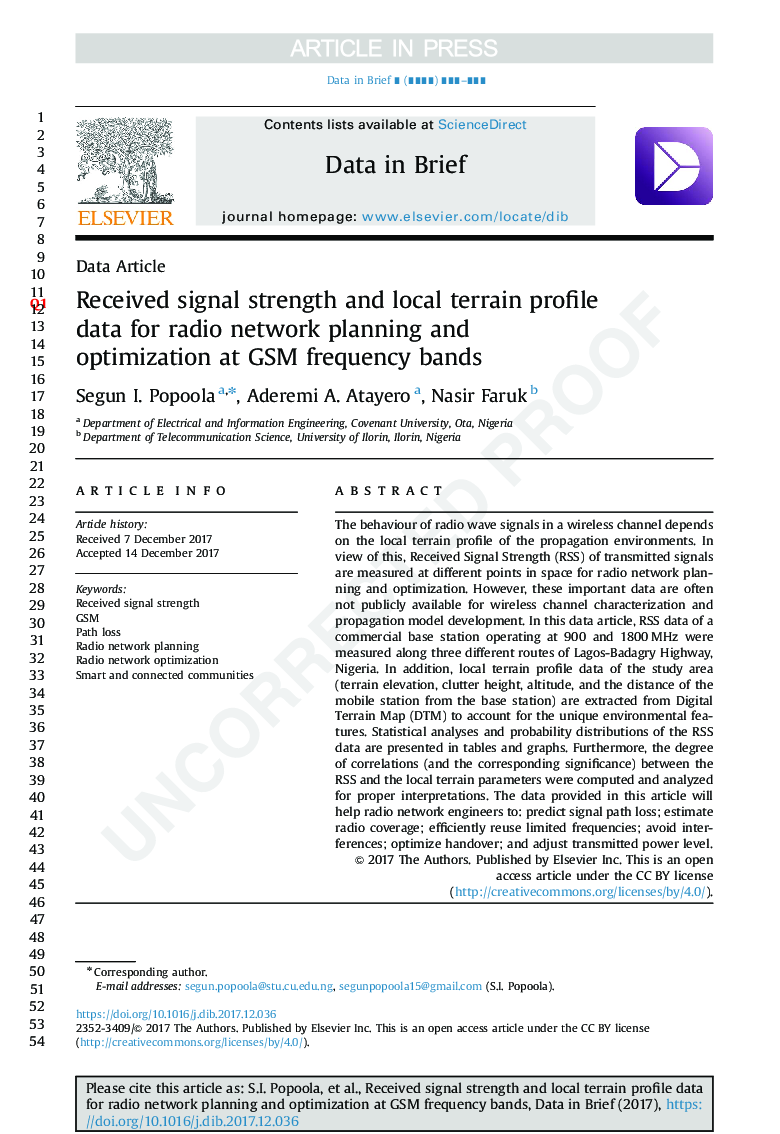 Received signal strength and local terrain profile data for radio network planning and optimization at GSM frequency bands