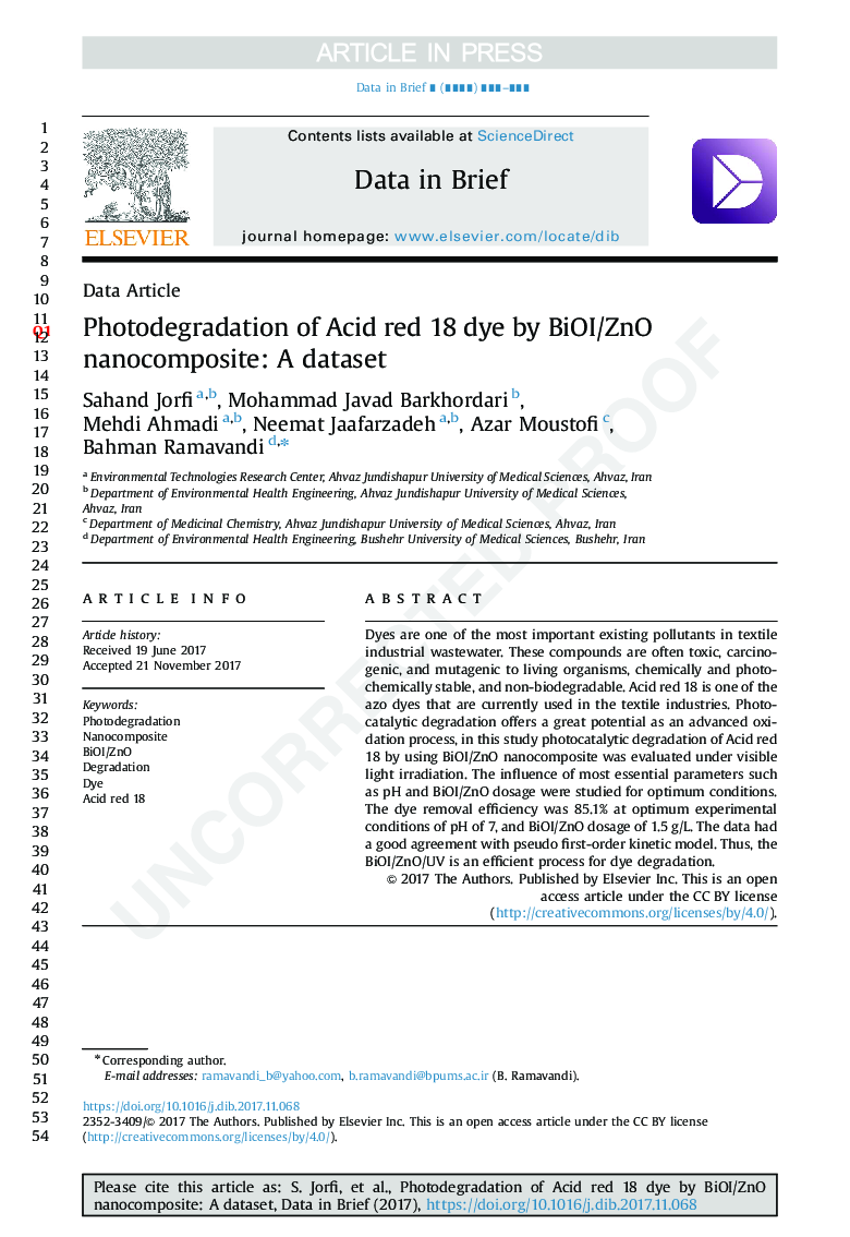 Photodegradation of Acid red 18 dye by BiOI/ZnO nanocomposite: A dataset