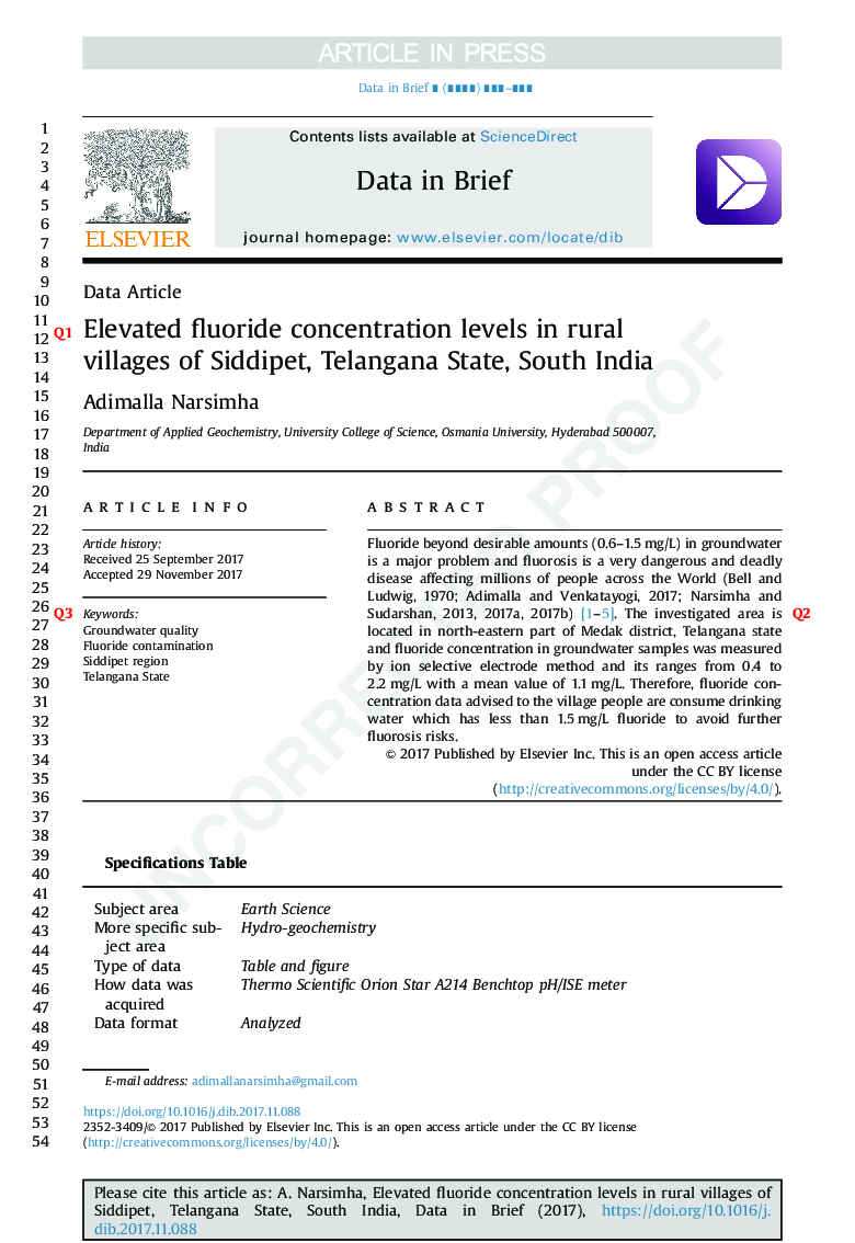 Elevated fluoride concentration levels in rural villages of Siddipet, Telangana State, South India