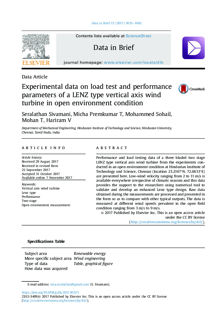 Experimental data on load test and performance parameters of a LENZ type vertical axis wind turbine in open environment condition