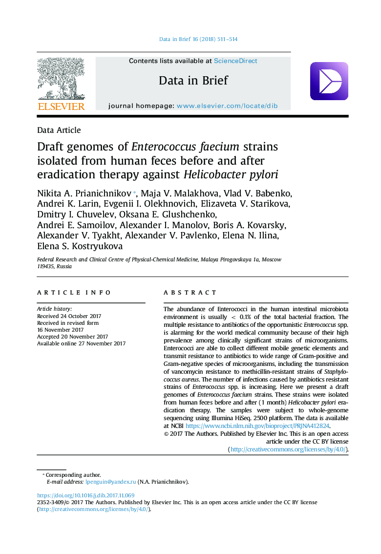 Draft genomes of Enterococcus faecium strains isolated from human feces before and after eradication therapy against Helicobacter pylori