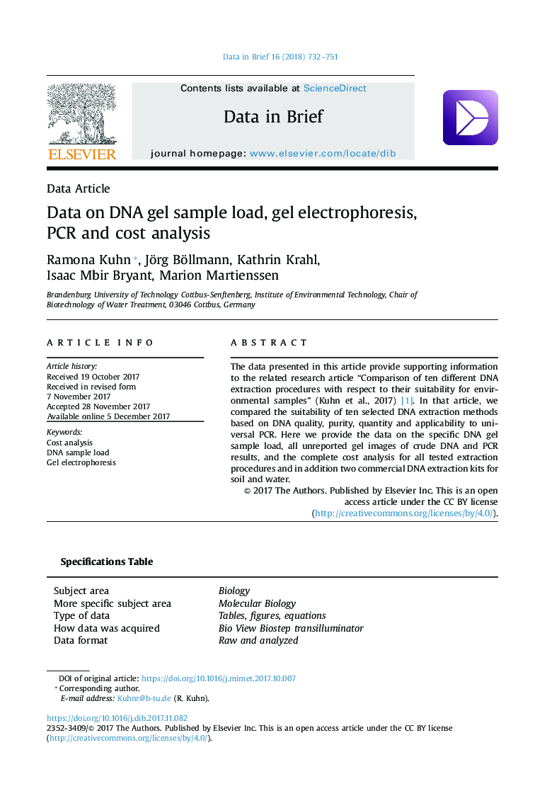 Data on DNA gel sample load, gel electrophoresis, PCR and cost analysis