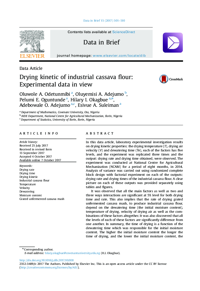 Drying kinetic of industrial cassava flour: Experimental data in view