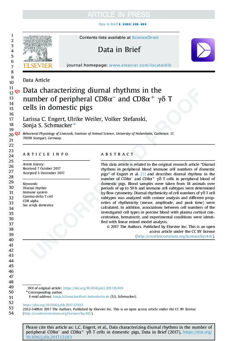 Data characterizing diurnal rhythms in the number of peripheral CD8Î±â and CD8Î±+ Î³Î´ T cells in domestic pigs