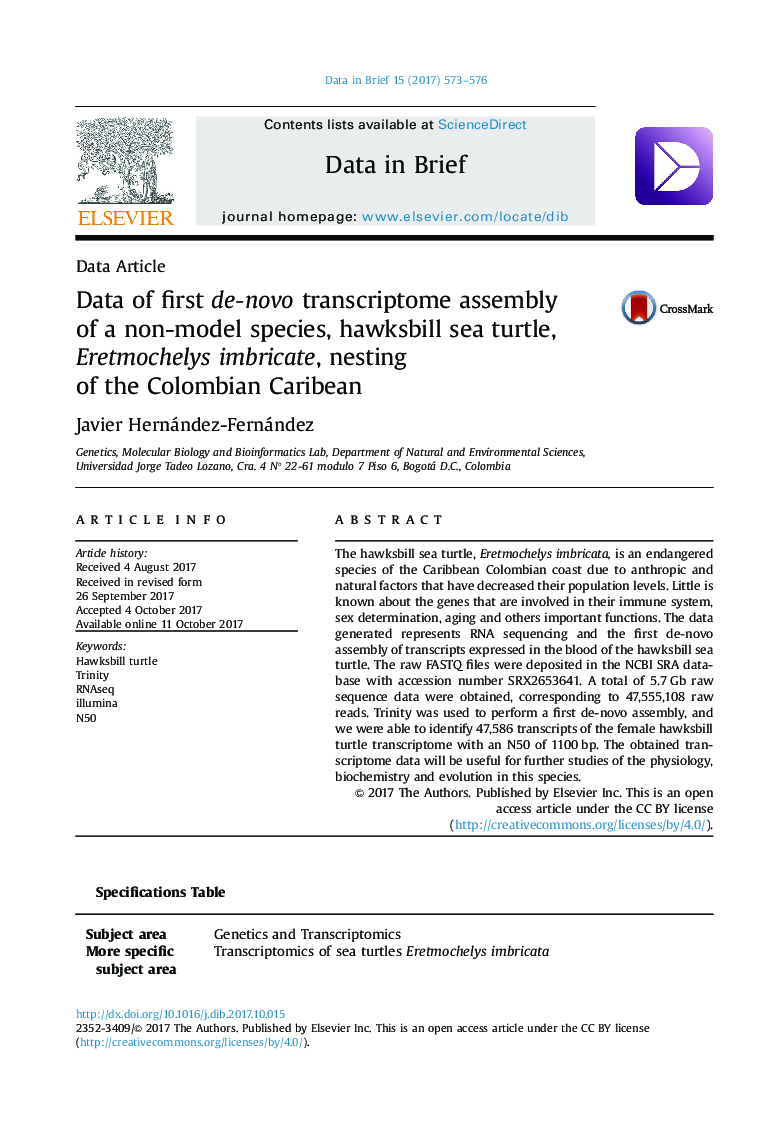 Data of first de-novo transcriptome assembly of a non-model species, hawksbill sea turtle, Eretmochelys imbricate, nesting of the Colombian Caribean