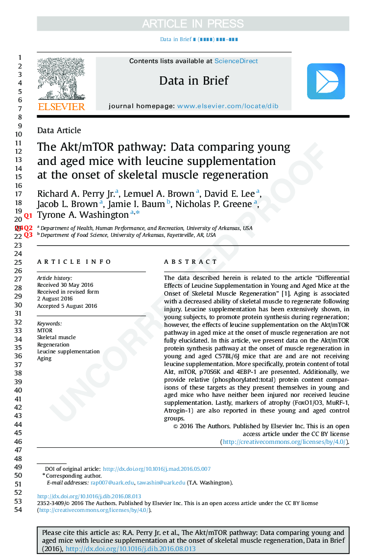 The Akt/mTOR pathway: Data comparing young and aged mice with leucine supplementation at the onset of skeletal muscle regeneration