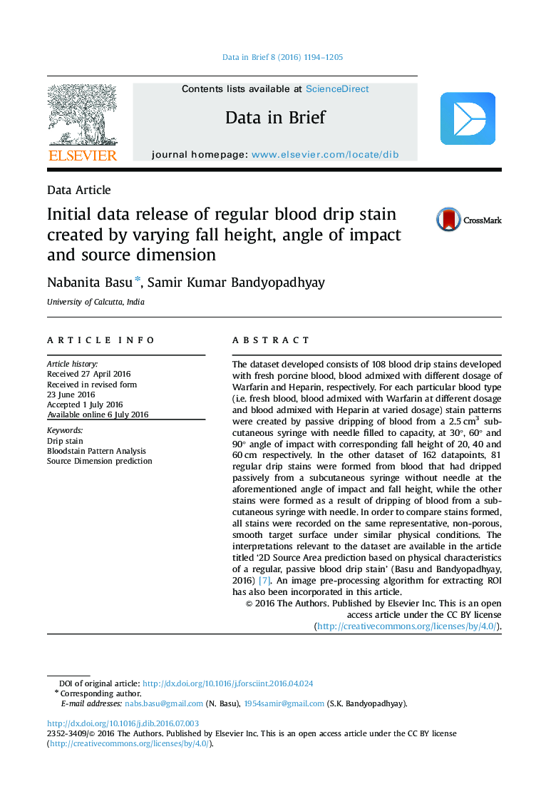 Initial data release of regular blood drip stain created by varying fall height, angle of impact and source dimension