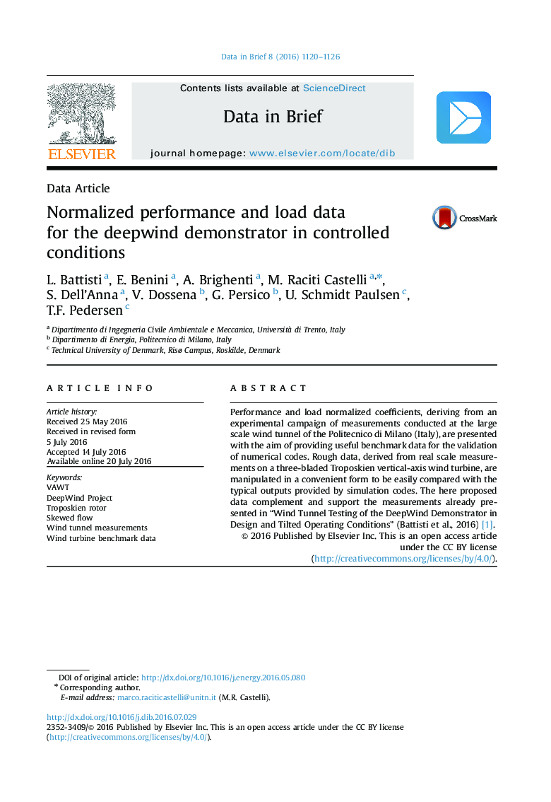 Normalized performance and load data for the deepwind demonstrator in controlled conditions