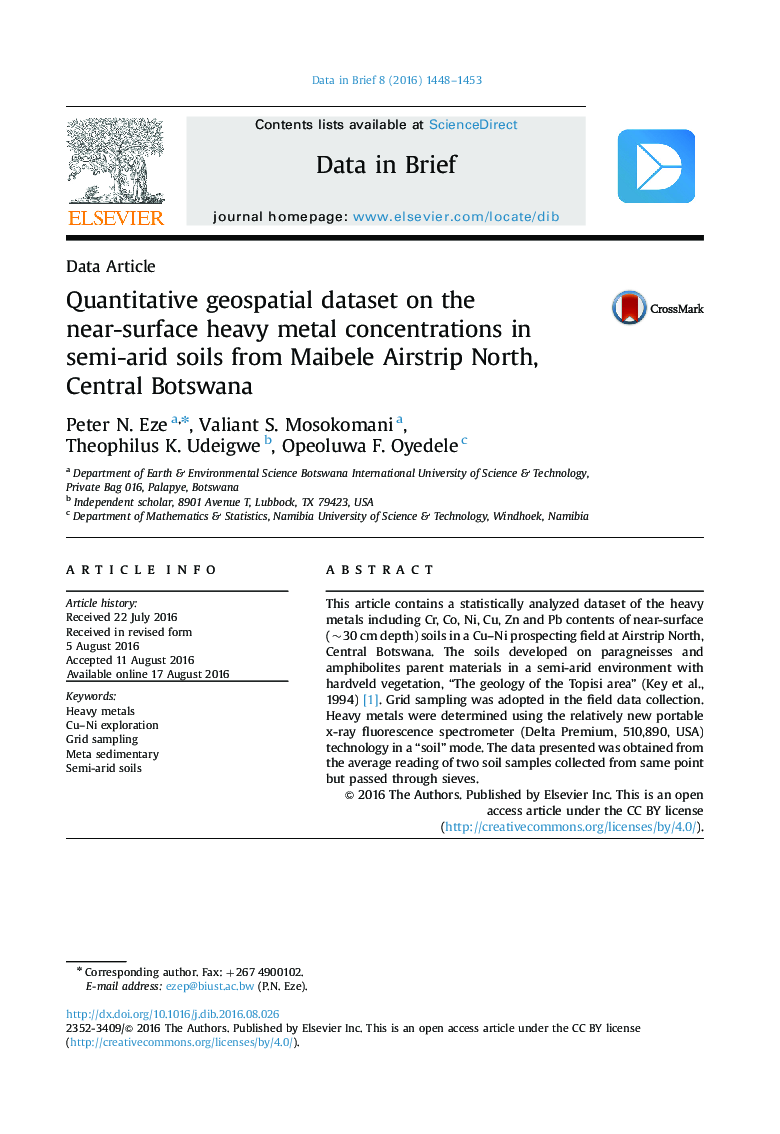 Quantitative geospatial dataset on the near-surface heavy metal concentrations in semi-arid soils from Maibele Airstrip North, Central Botswana