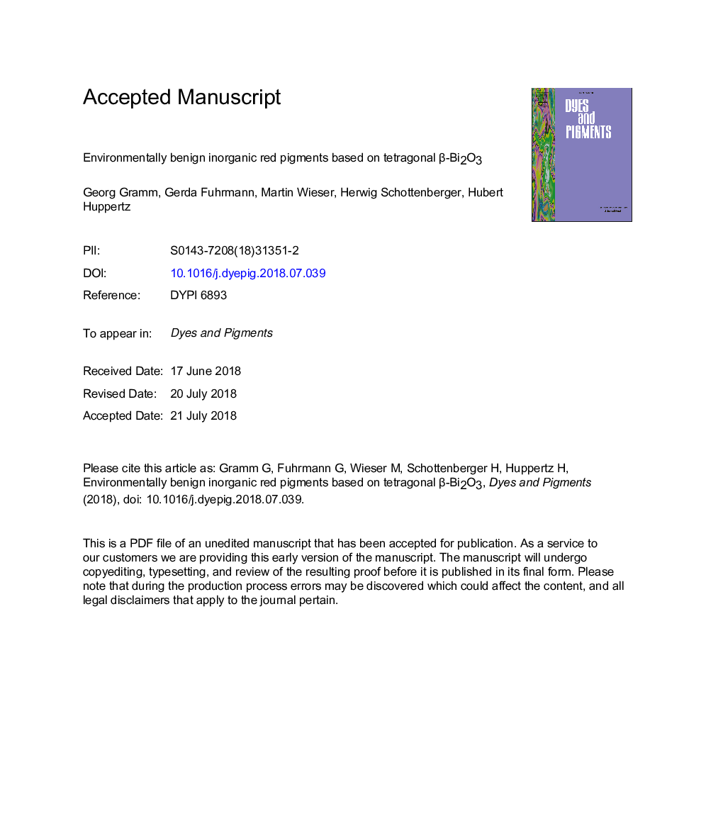 عکس صفحه اول مقاله: Environmentally benign inorganic red pigments based on tetragonal β-Bi2O3 Environmentally benign inorganic red pigments based on tetragonal β-Bi2O3