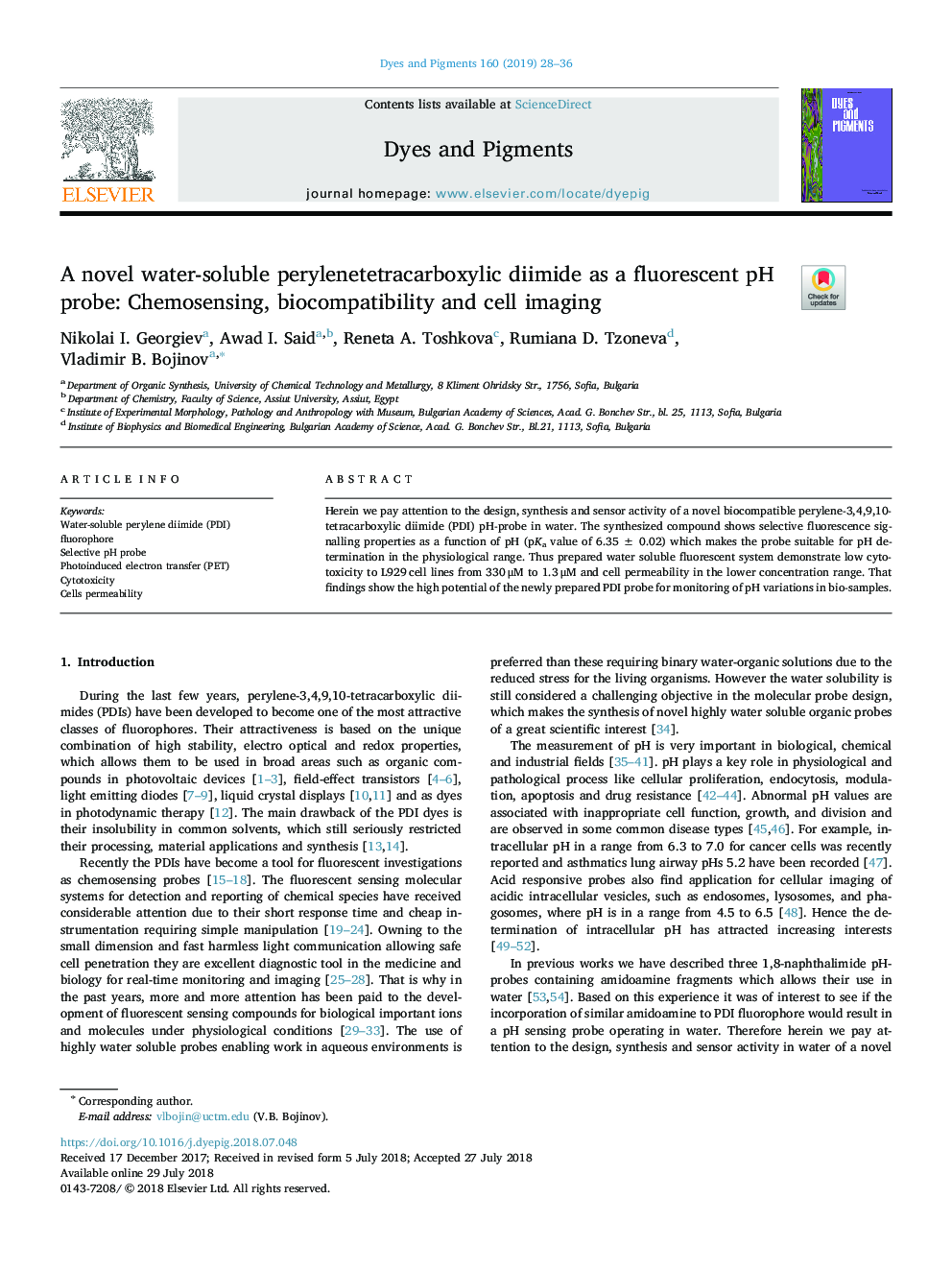 A novel water-soluble perylenetetracarboxylic diimide as a fluorescent pH probe: Chemosensing, biocompatibility and cell imaging