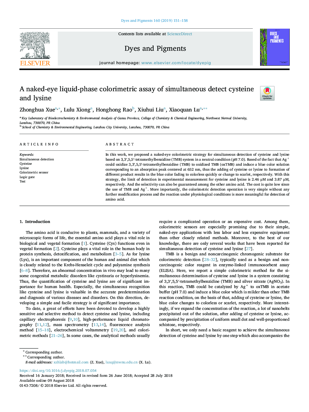 A naked-eye liquid-phase colorimetric assay of simultaneous detect cysteine and lysine