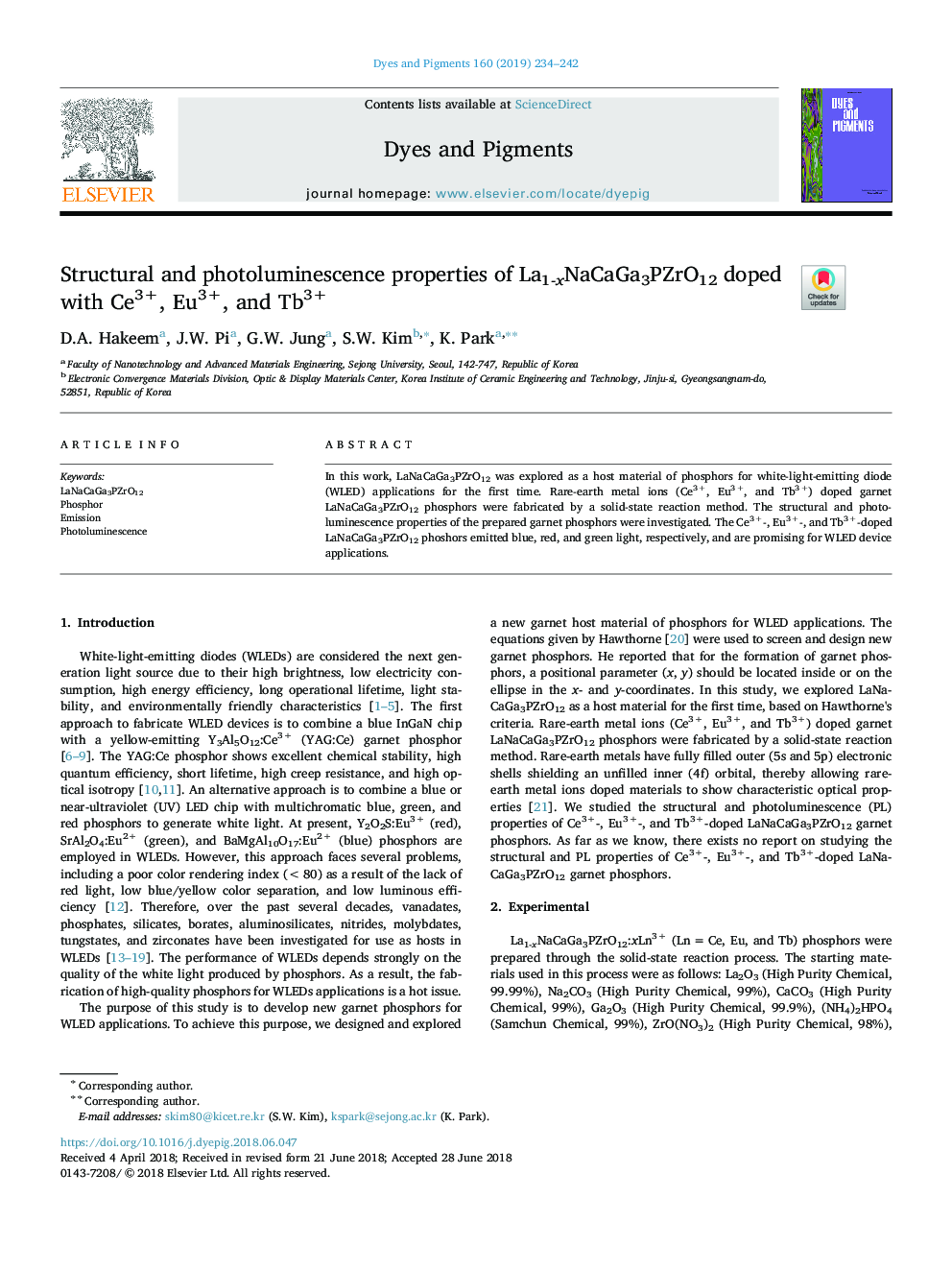 Structural and photoluminescence properties of La1-xNaCaGa3PZrO12 doped with Ce3+, Eu3+, and Tb3+