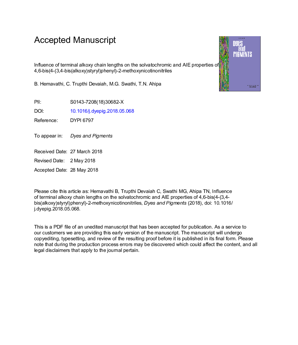 Influence of terminal alkoxy chain lengths on the solvatochromic and AIE properties of 4,6-bis(4-(3,4-bis(alkoxy)styryl)phenyl)-2-methoxynicotinonitriles