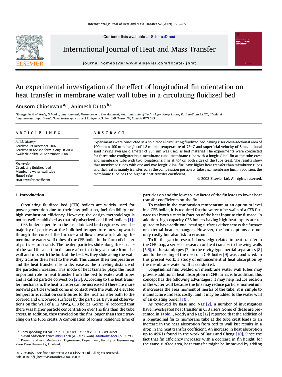 An experimental investigation of the effect of longitudinal fin orientation on heat transfer in membrane water wall tubes in a circulating fluidized bed